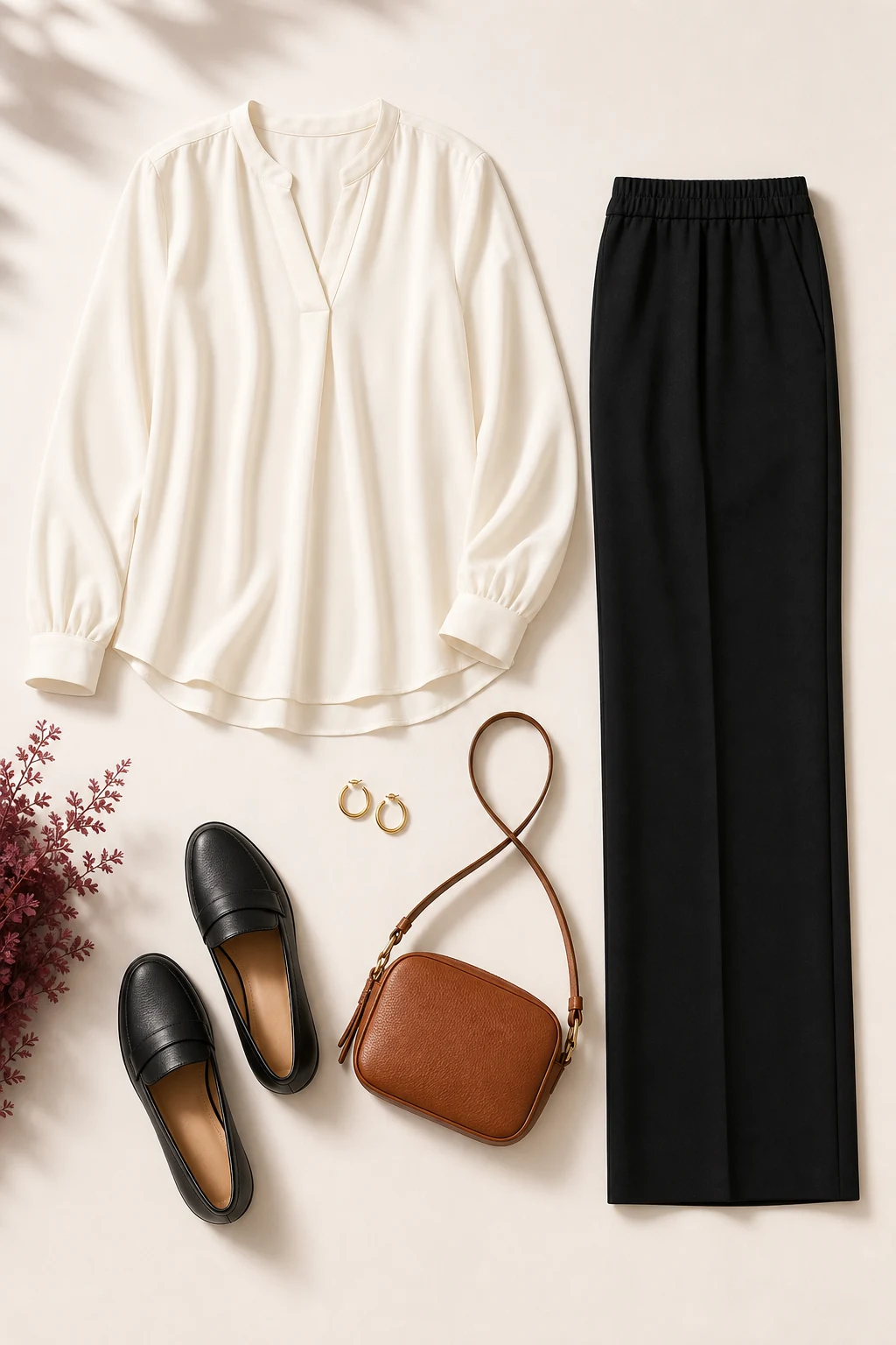 Ivory blouse, black trousers, loafers, hoops and crossbody arranged as an outfit