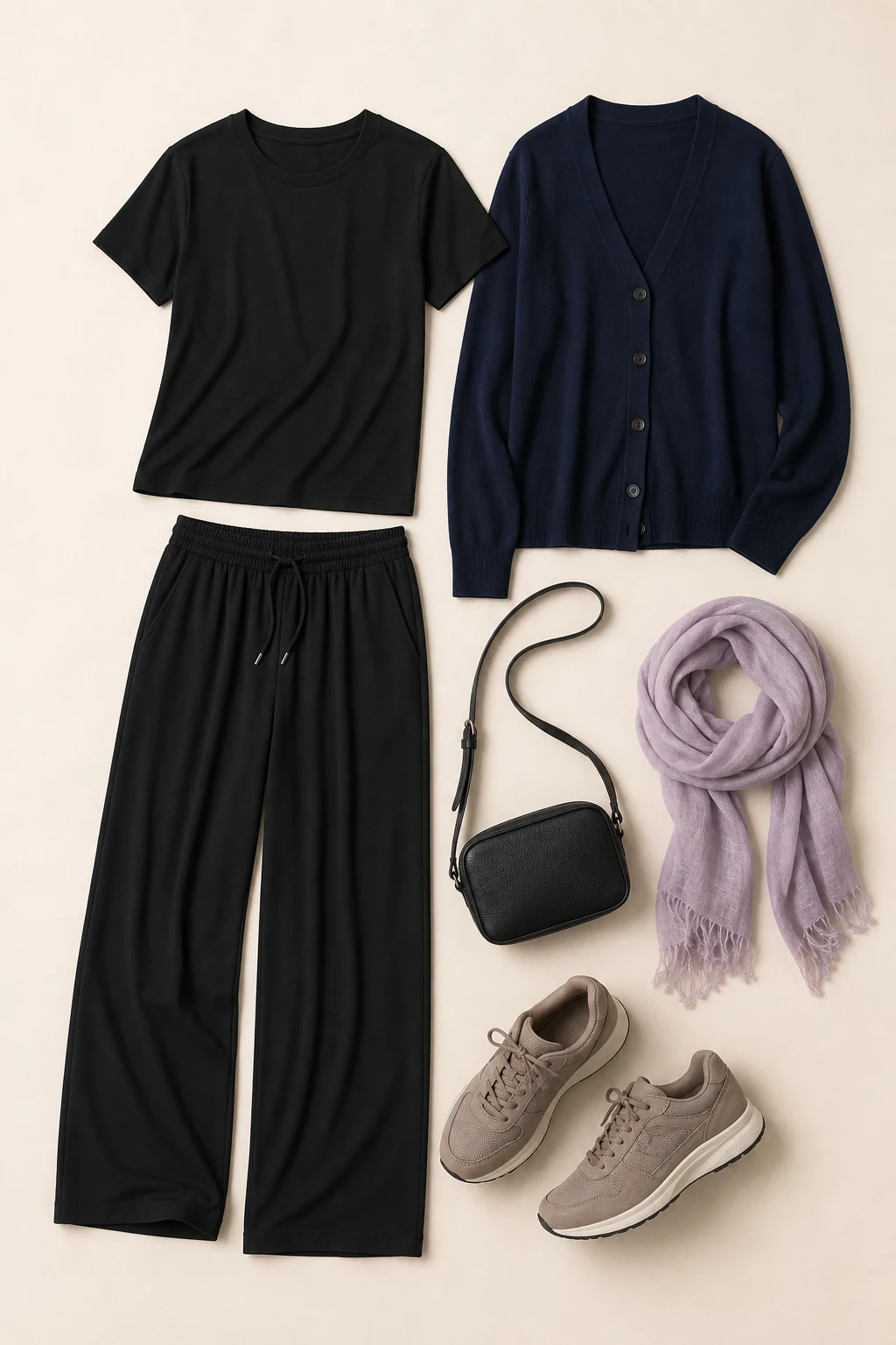 Black tee and pants, navy cardigan, sneakers, scarf and crossbody arranged as a travel outfit